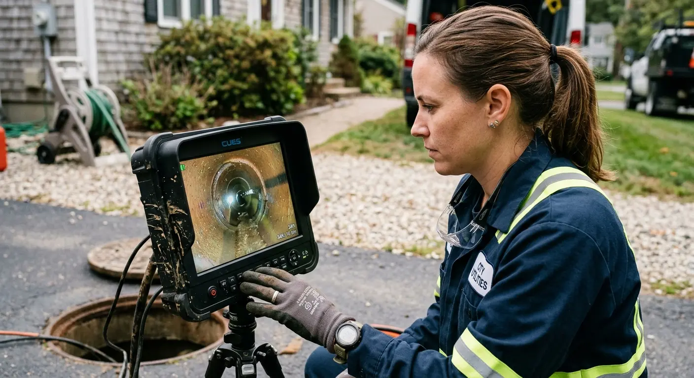 Technician reviewing sewer camera inspection footage in Fishhook