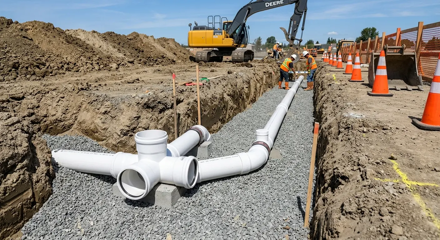New PVC sewer pipe installation in open trench for Sewer Camera Inspection in Fishhook