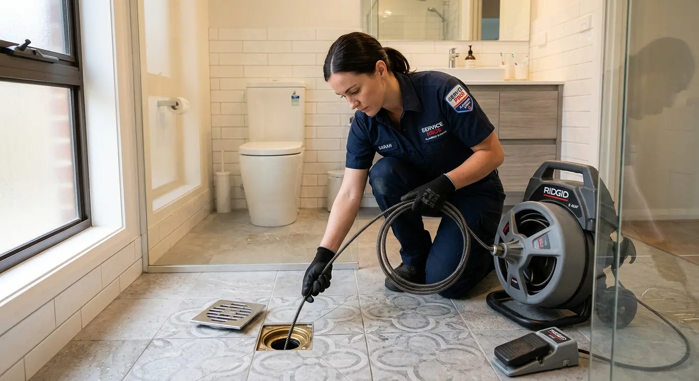 Technician clearing a bathroom floor drain for Drain Repair in Fishhook